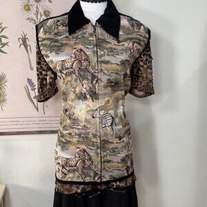 Vintage 90s Y2k African Animals Tapestry Full Zip Vest Grandma Safari Novelty 1X